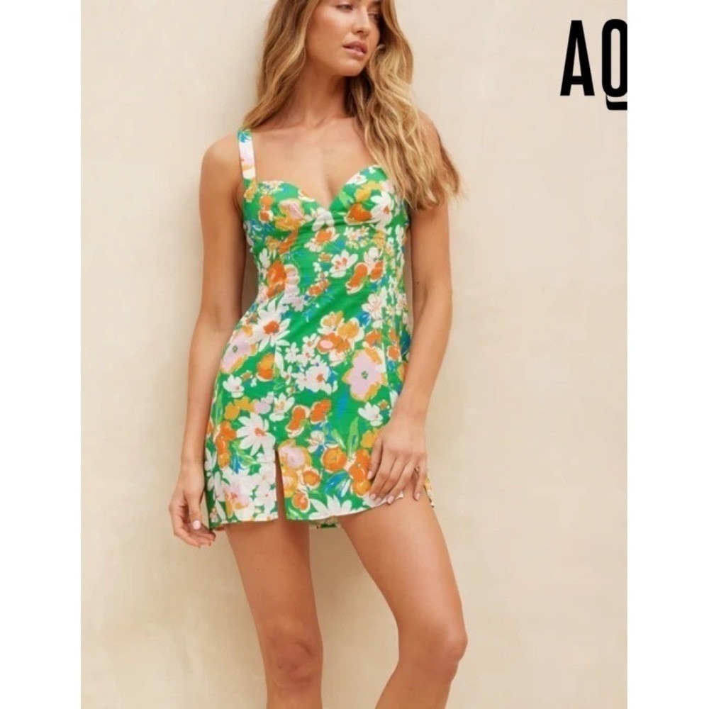 Aquari Green Floral Linen Blend Tie Back Mini Dress Sweetheart Neck Size L NWT
